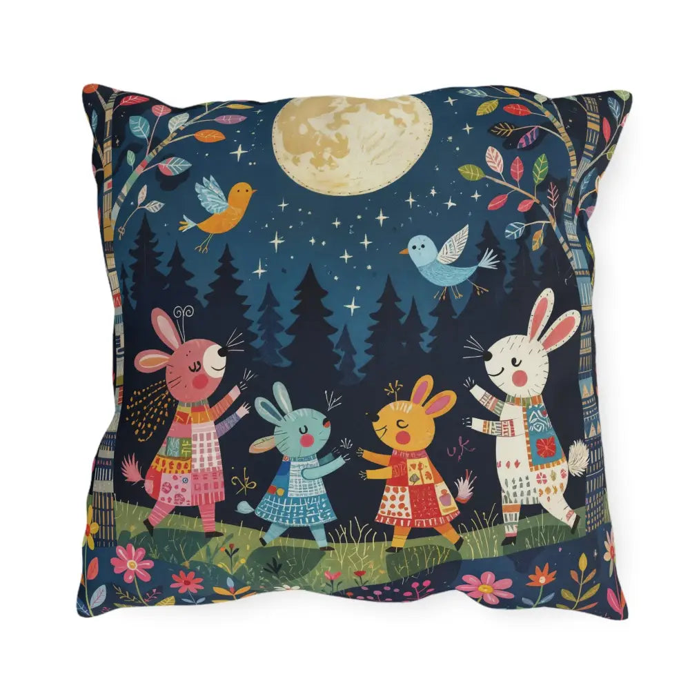 Square decorative pillow with bunnies dancing under full moon, perfect for woodland picnic nook