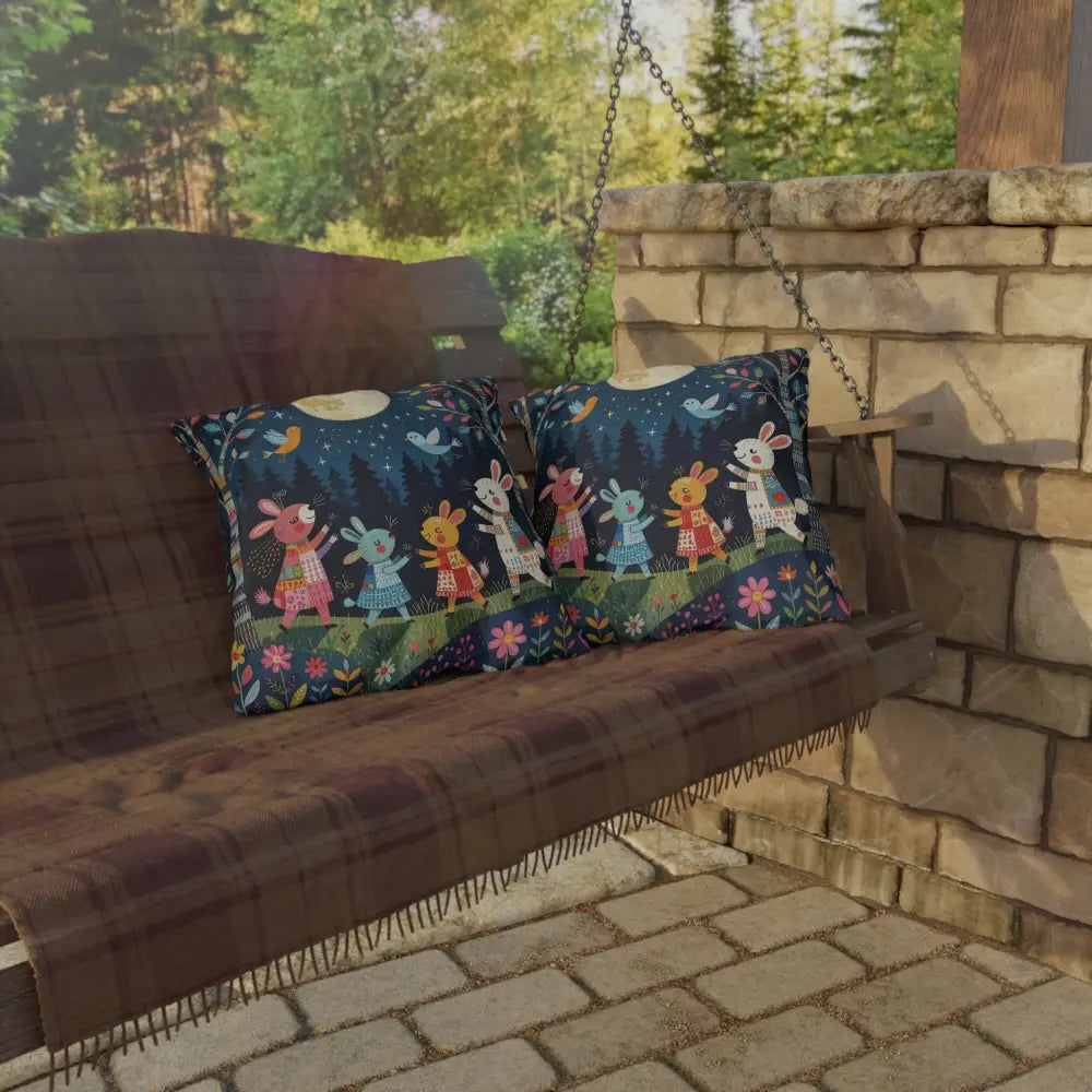 Woodland picnic nook with enchanting outdoor cushion and pillows featuring bunny and moon design