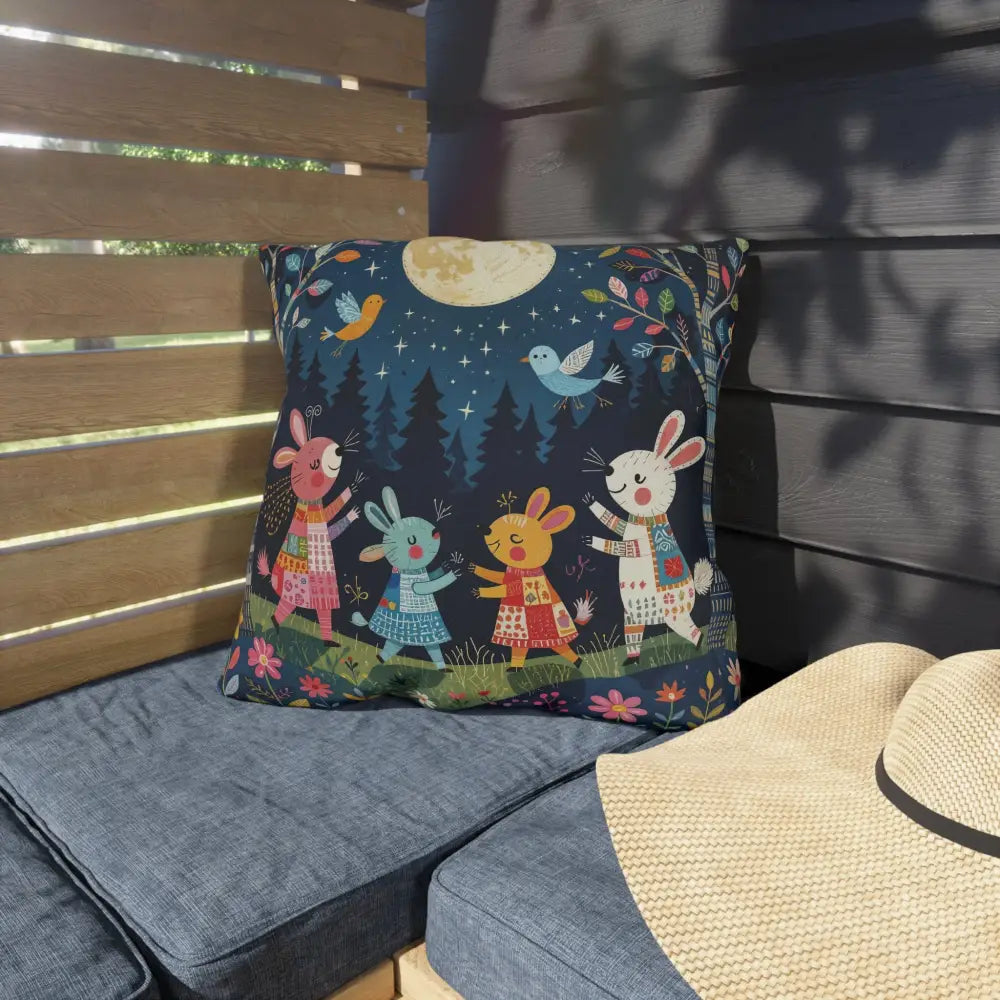 Enchanting outdoor cushion featuring cartoon rabbits dancing under moon in woodland picnic nook