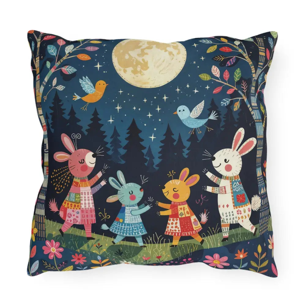 Woodland picnic nook with enchanting outdoor cushion and pillows featuring colorful animal illustrations