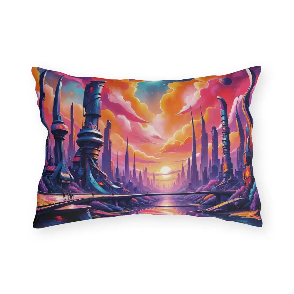Rectangular lumbar pillow with vibrant futuristic cityscape design for dreamy pillow feels