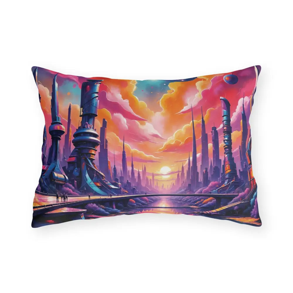 Vibrant futuristic cityscape lumbar pillow with dreamy pillow feels for Gnaftis House Flat