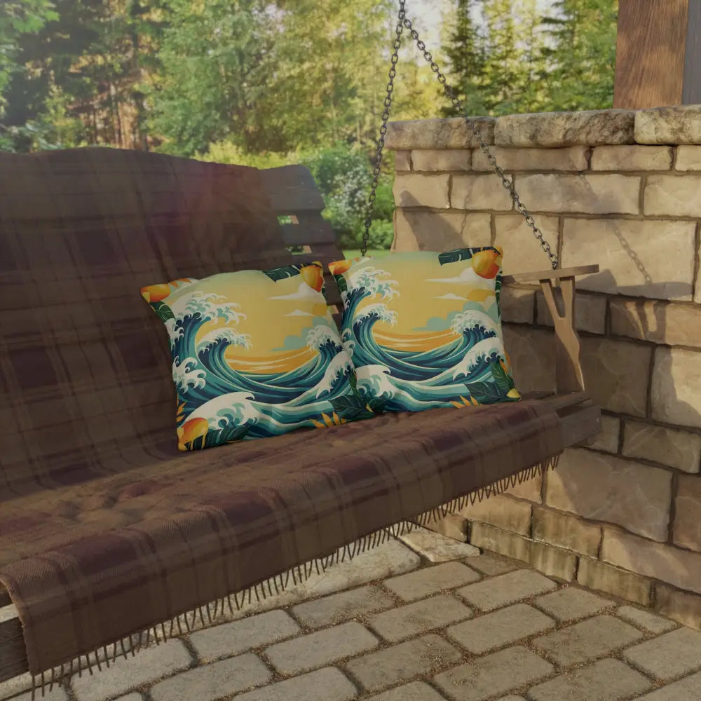Outdoor Pillow Tropical Wave with wave-patterned pillows on a swing for Tropical Coast decor