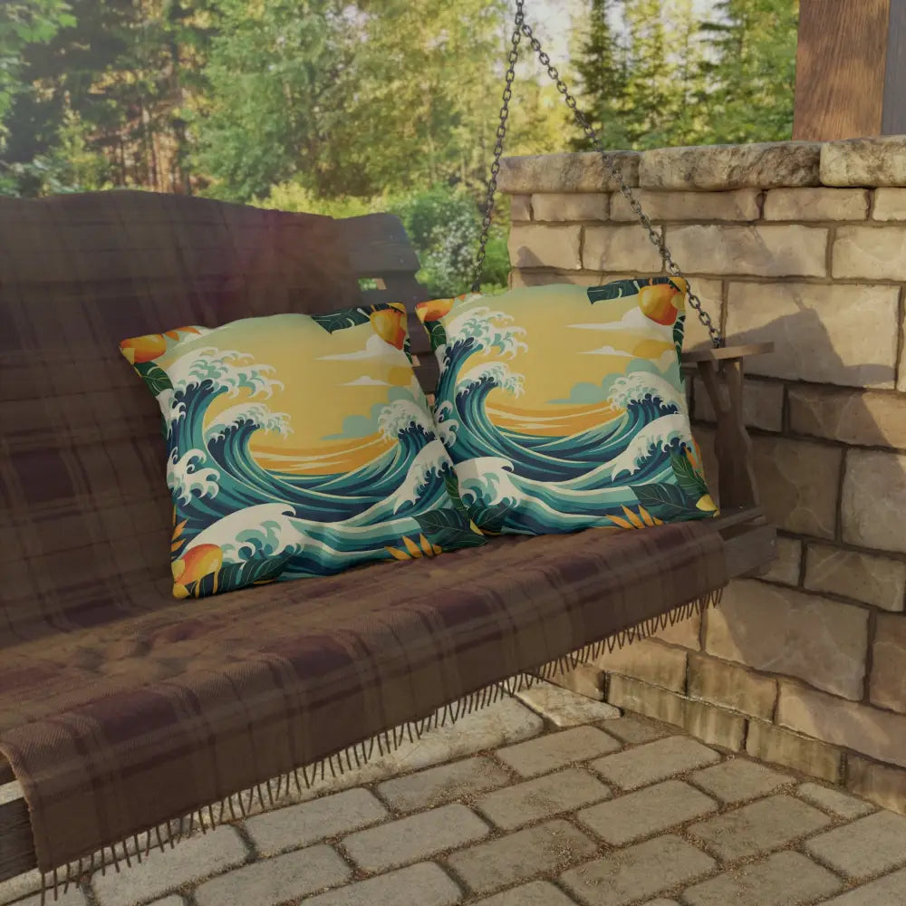 Wave-patterned outdoor pillows from PixiOnyx Mango Coast Cushion for tropical outdoor decor
