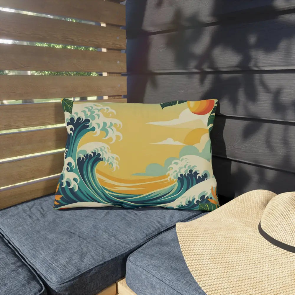 Decorative wave-patterned outdoor pillow from PixiOnyx Mango Coast Cushion collection