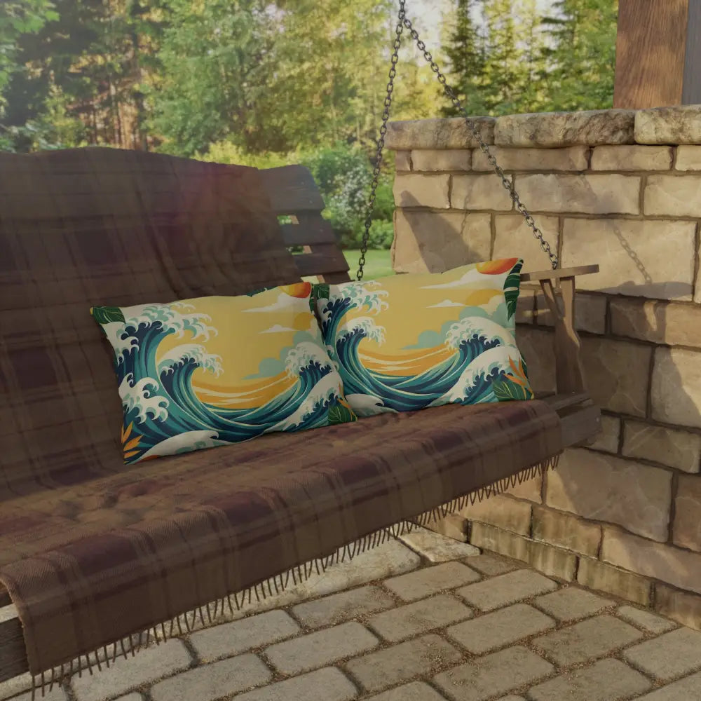 Wave-patterned throw pillows from Outdoor Pillow Tropical Wave PixiOnyx Mango Coast Cushion