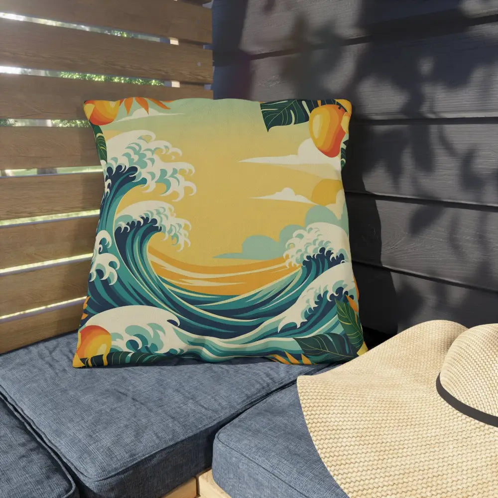 Decorative wave-patterned outdoor pillow from PixiOnyx Mango Coast Cushion collection