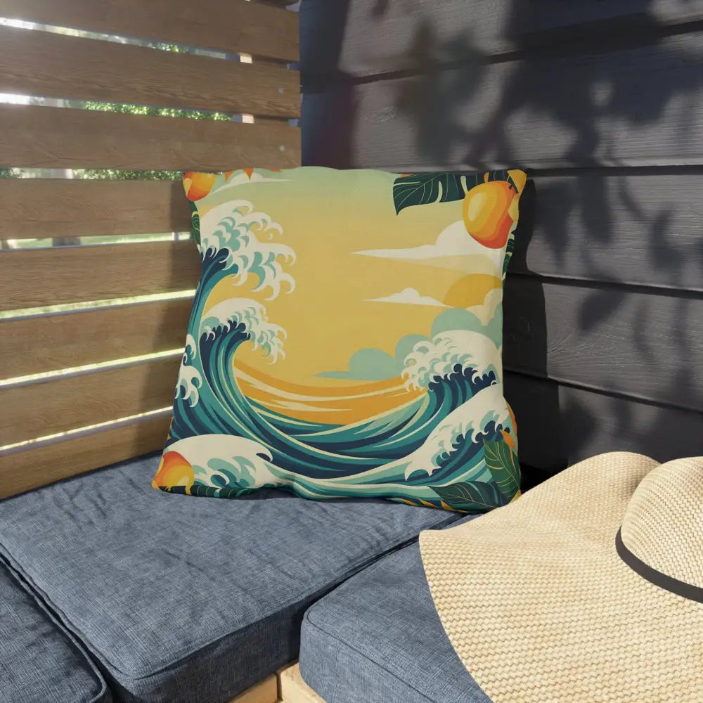 Decorative wave-patterned outdoor pillow from PixiOnyx Mango Coast Cushion collection