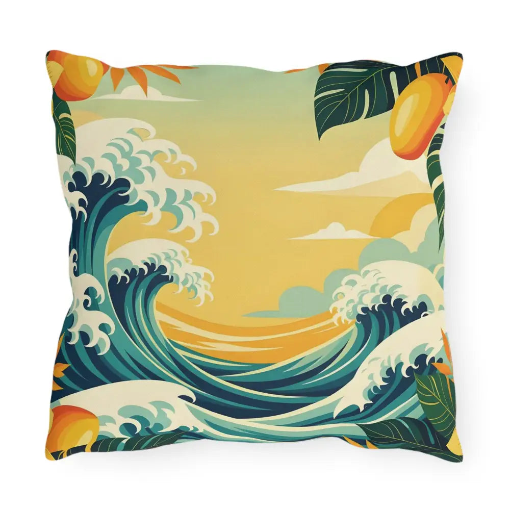 Tropical wave-themed outdoor throw pillow from PixiOnyx Mango Coast Cushion collection
