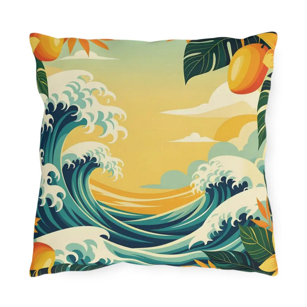 Tropical wave-themed outdoor throw pillow displayed on Mango Coast Cushion from PixiOnyx