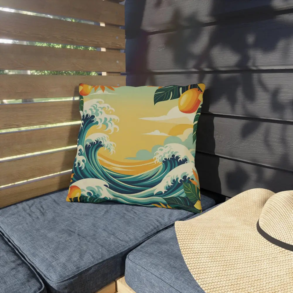Decorative wave-patterned outdoor pillow from PixiOnyx Mango Coast Cushion collection