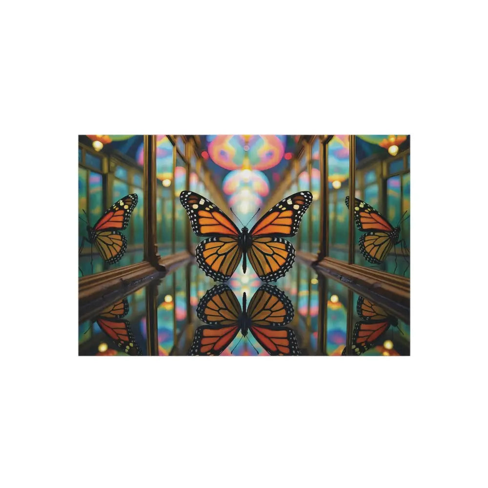Colorful Monarch butterfly art print on the Outdoor Rug Butterfly Reflection by PixiOnyx Gardencore Mat