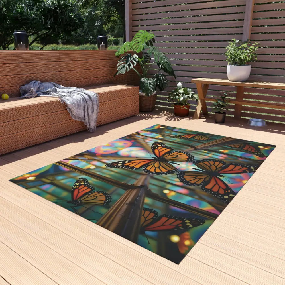 Butterfly-themed outdoor rug from PixiOnyx Gardencore Mat featuring butterfly reflections