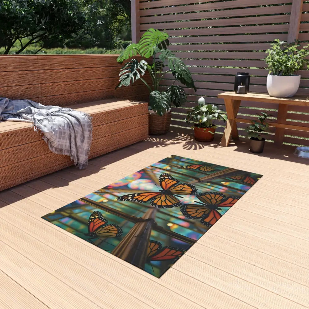 Butterfly-themed outdoor rug called Butterfly Reflection by PixiOnyx Gardencore Mat