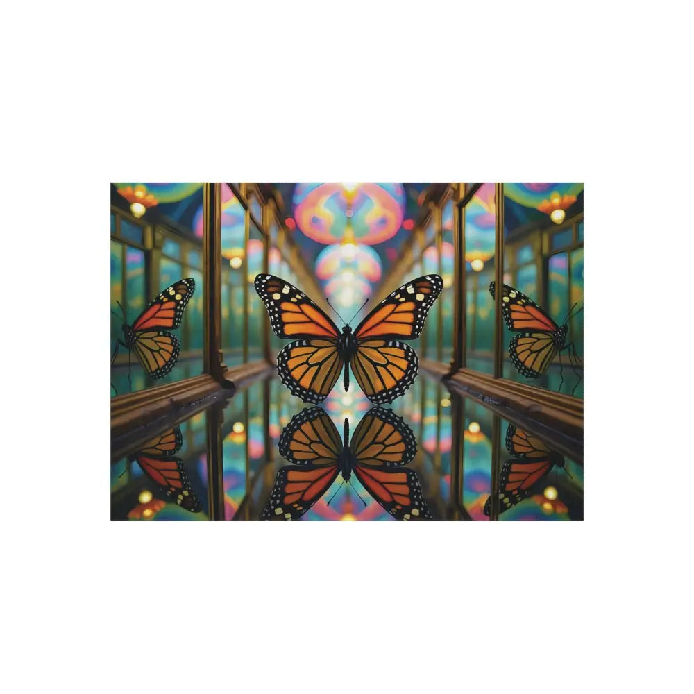 Mirrored monarch butterfly art on outdoor rug Butterfly Reflection PixiOnyx Gardencore Mat