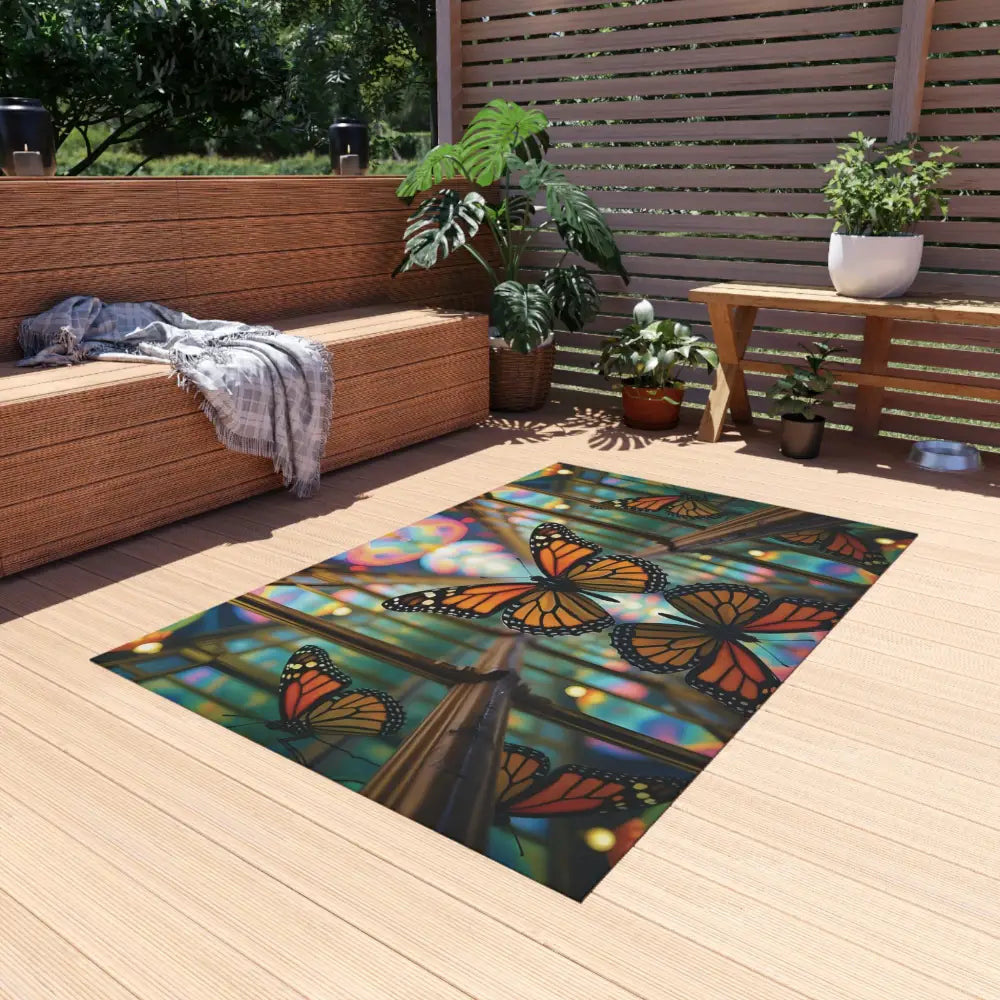 Butterfly-themed outdoor rug displayed in the PixiOnyx Gardencore Mat collection