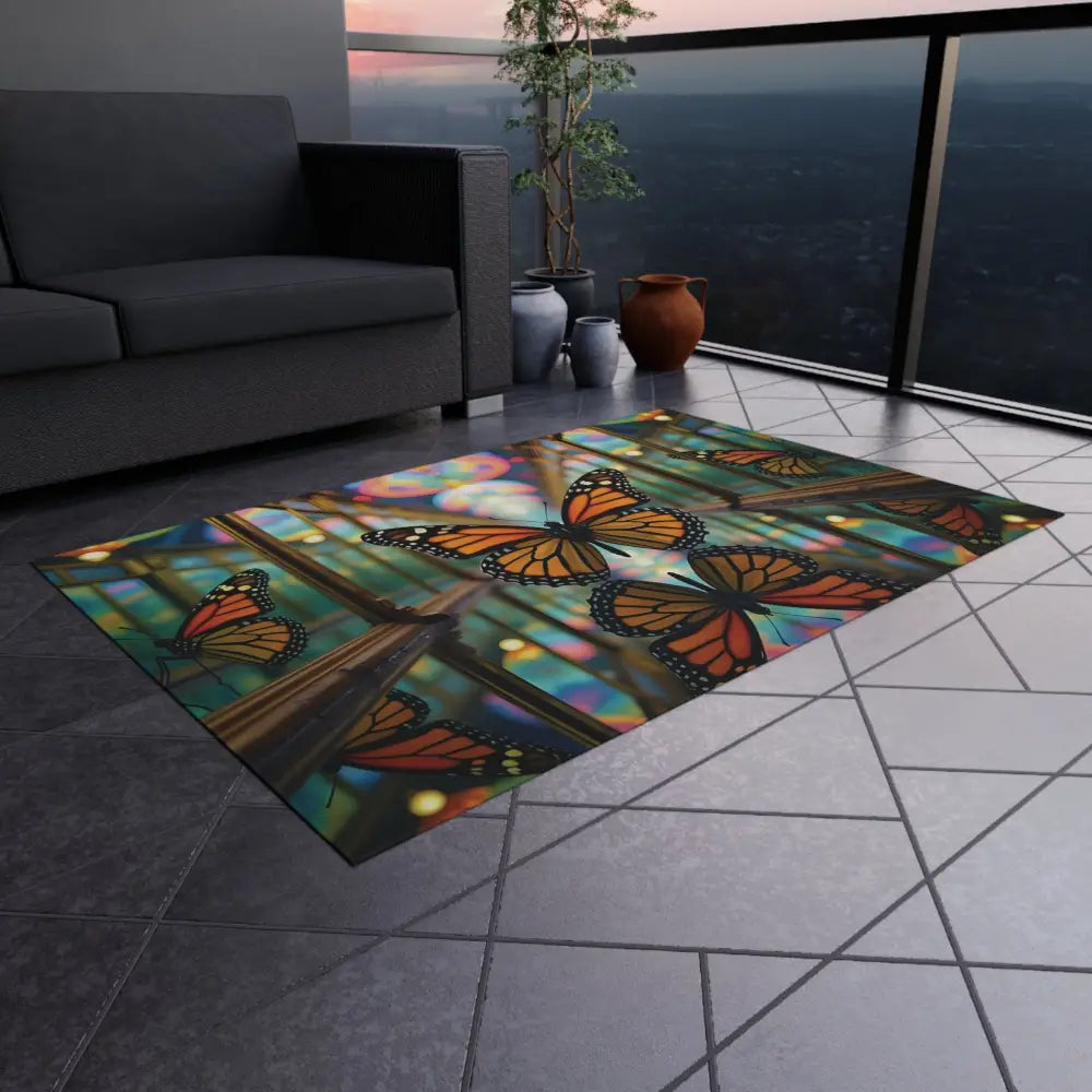 Butterfly-themed outdoor rug from PixiOnyx Gardencore collection for garden decor