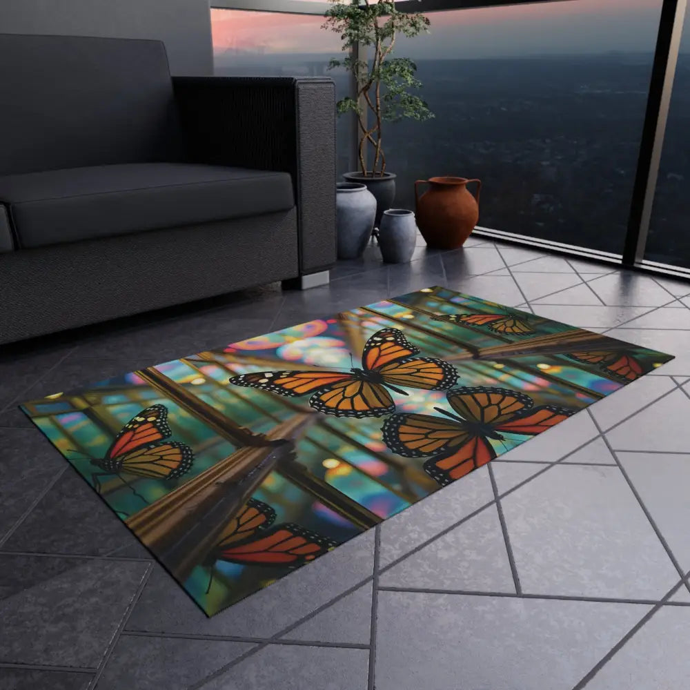 Butterfly-themed outdoor area rug in PixiOnyx Gardencore Mat collection