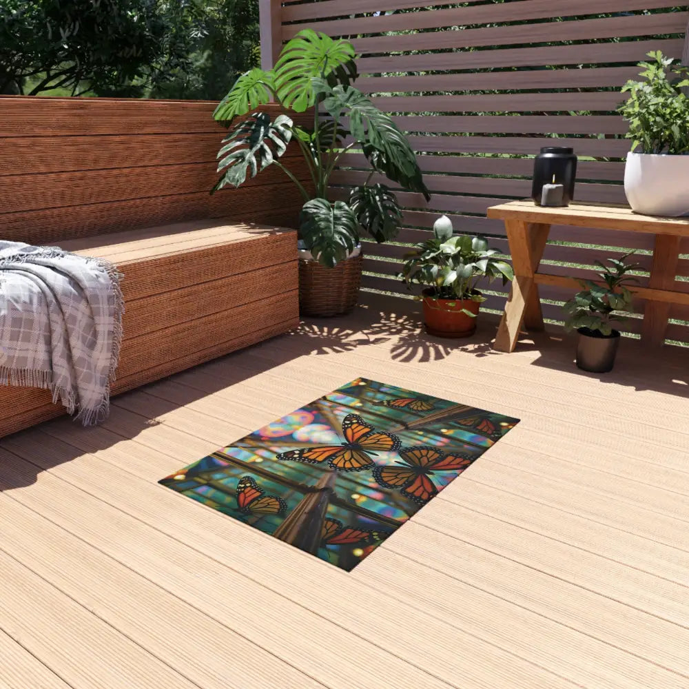 Butterfly-themed outdoor rug in vibrant colors from PixiOnyx Gardencore Mat collection