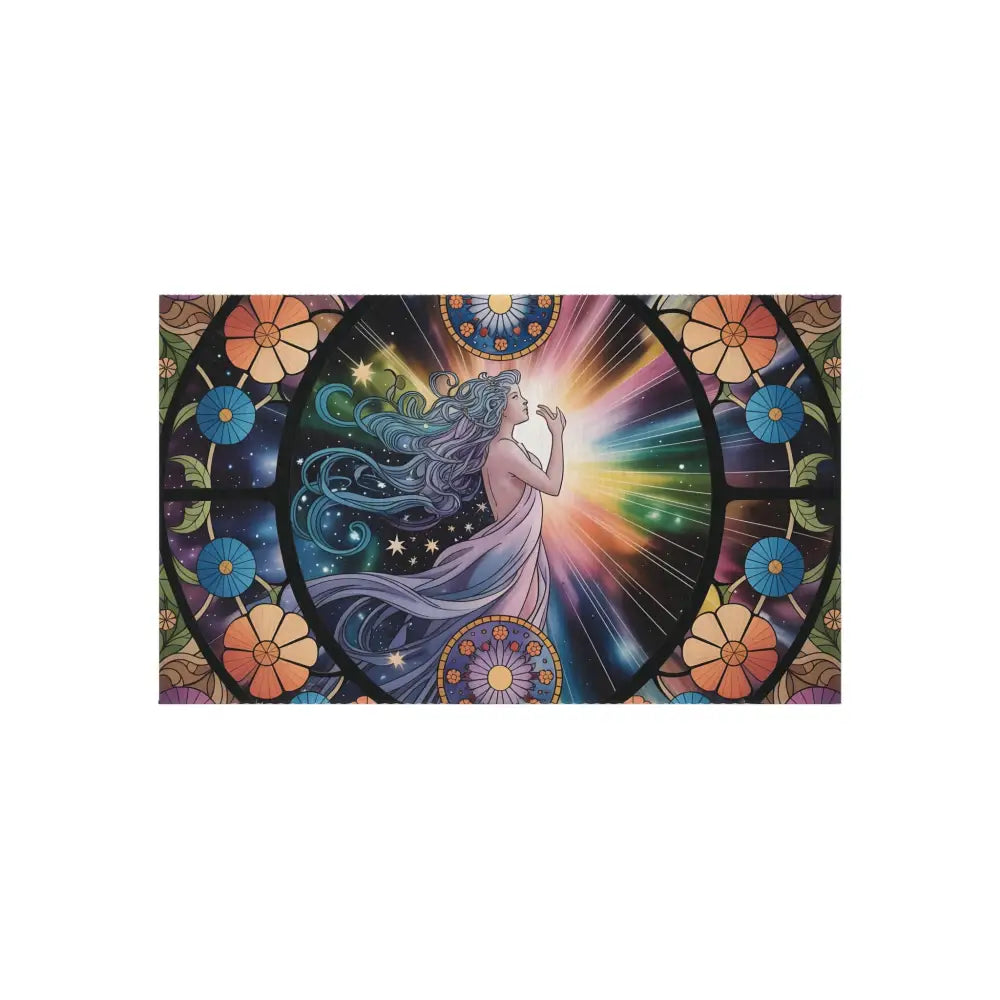 Stained-glass-style celestial woman on Outdoor Rug Celestial Bloom by PixiOnyx Gardenlight