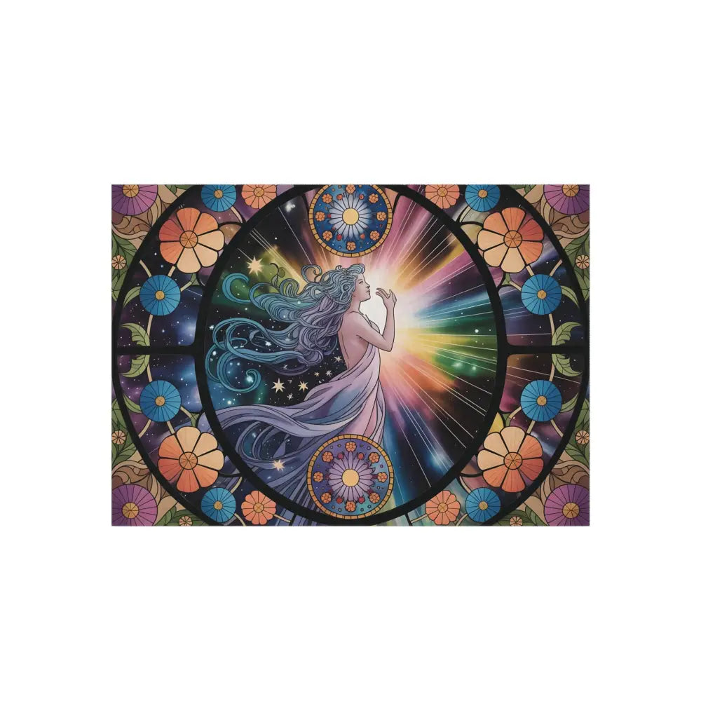Stained-glass-style celestial woman artwork on Outdoor Rug Celestial Bloom by PixiOnyx Gardenlight