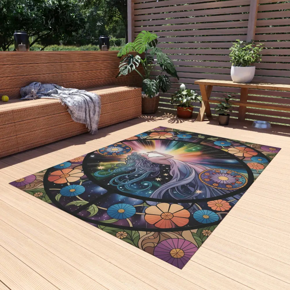Colorful floral-themed outdoor rug from PixiOnyx Gardenlight Floor Cloth collection