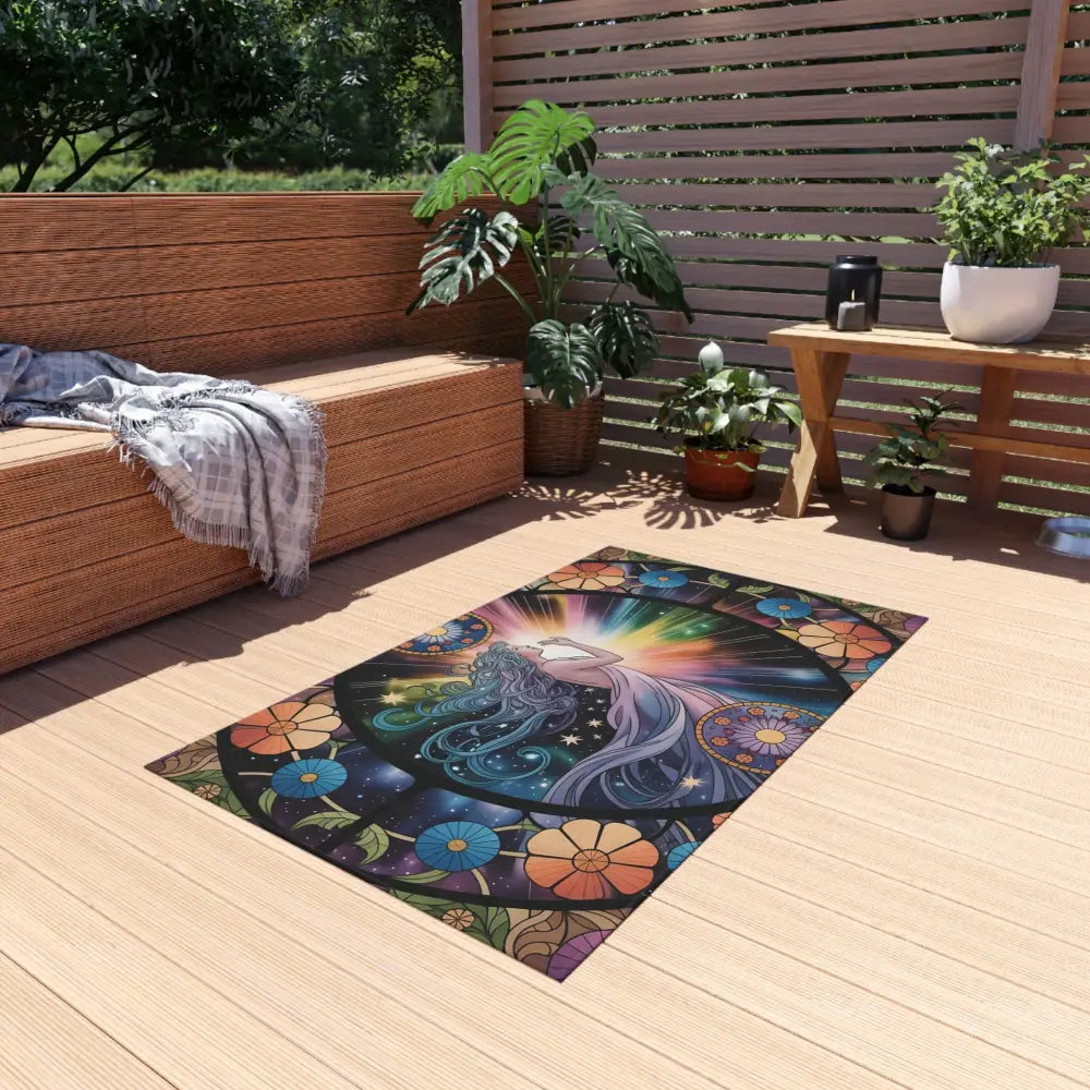 Colorful stained-glass-style outdoor rug from PixiOnyx Gardenlight Celestial Bloom collection