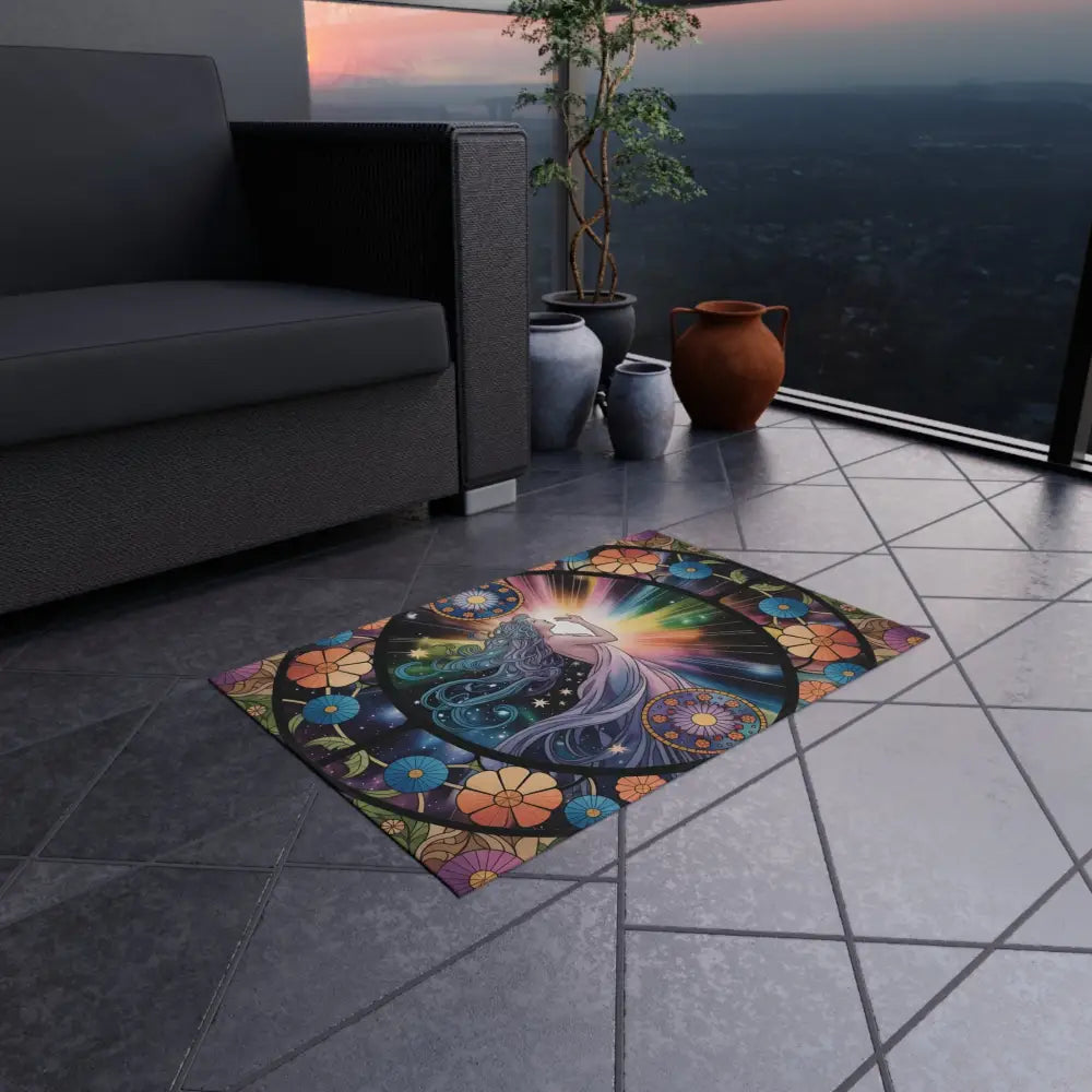 Colorful artistic Outdoor Rug Celestial Bloom from PixiOnyx Gardenlight Floor Cloth
