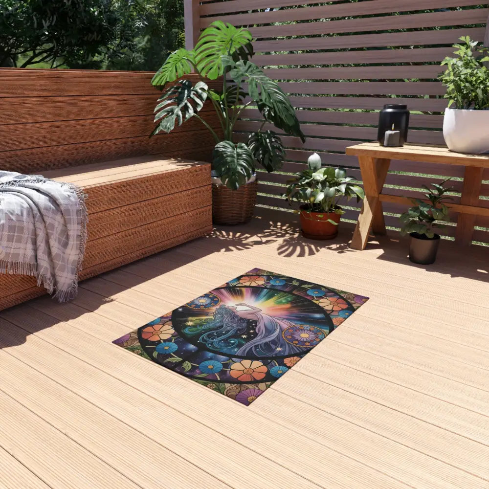 Colorful floral rug with a woman on the PixiOnyx Gardenlight Floor Cloth outdoors