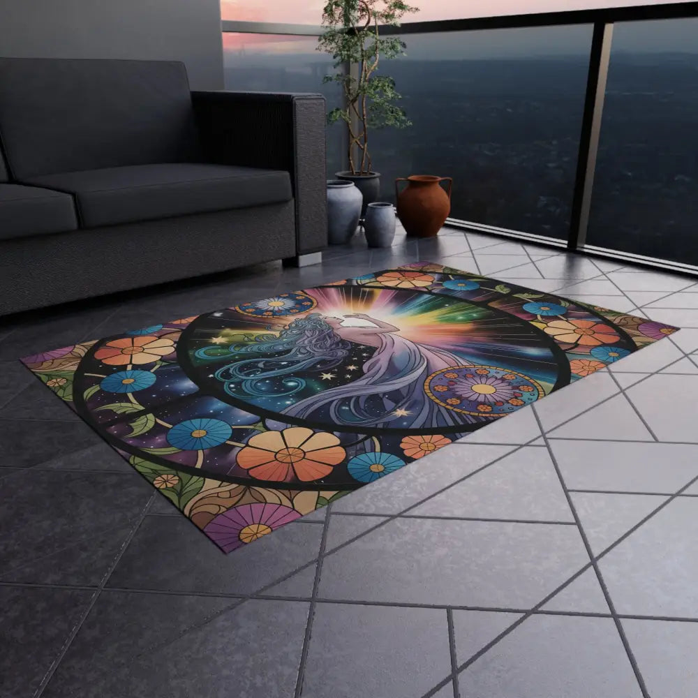 Colorful floral and celestial pattern outdoor rug from PixiOnyx Gardenlight Floor Cloth