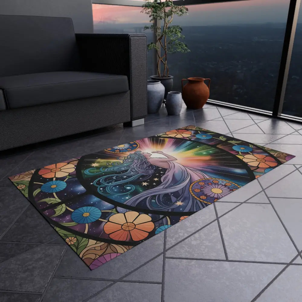 Colorful celestial woman design outdoor rug from PixiOnyx Gardenlight Floor Cloth