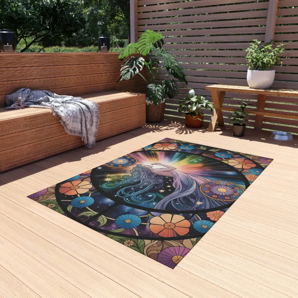Colorful floral and celestial design Outdoor Rug Celestial Bloom by PixiOnyx Gardenlight