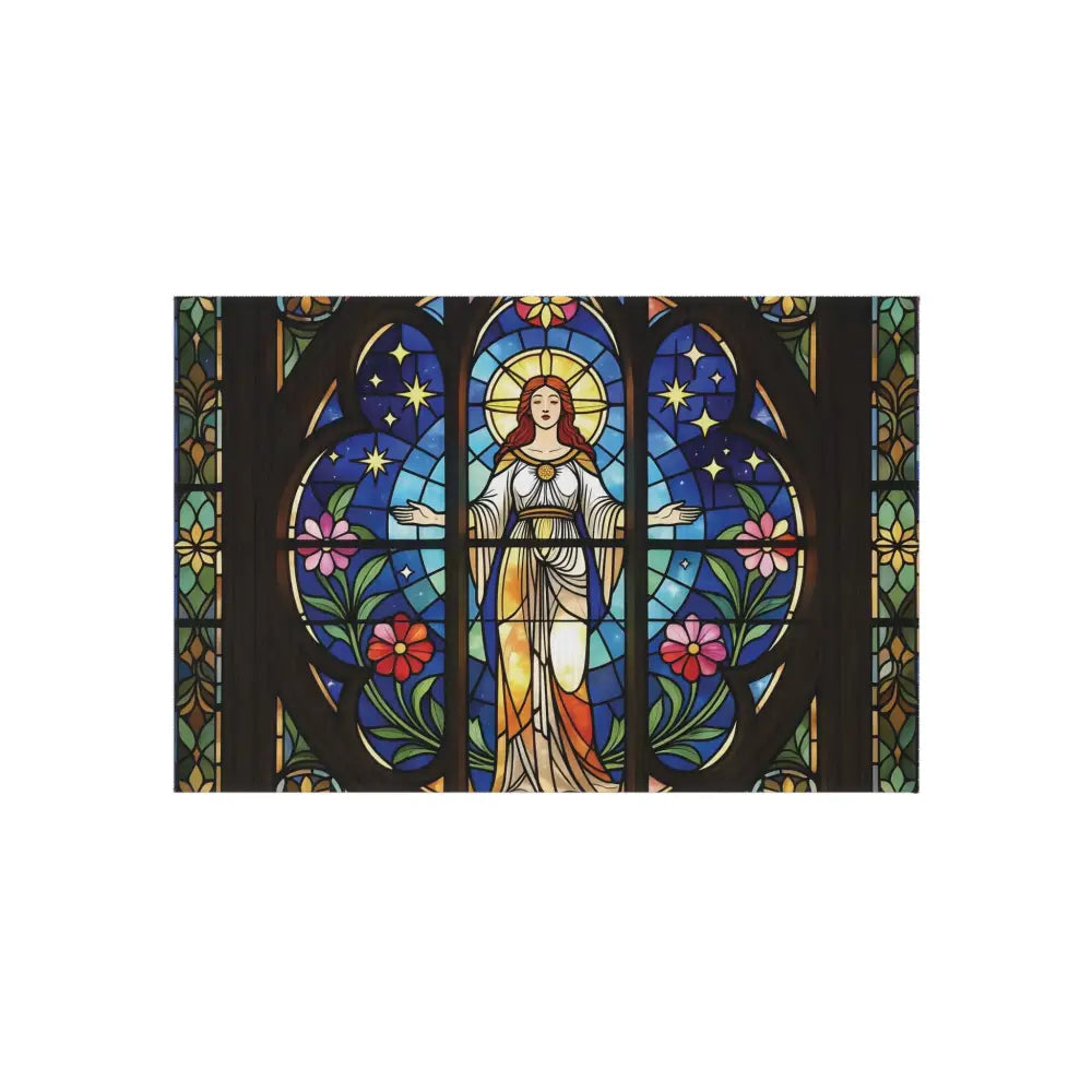 Stained glass window featuring woman with outstretched arms for Divine Radiance outdoor rug