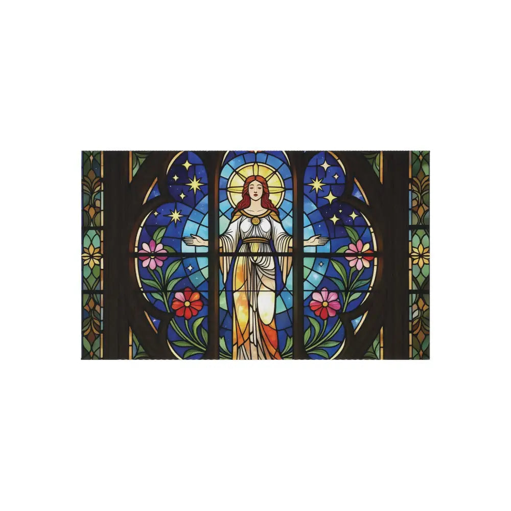 Stained glass window with a woman with outstretched arms on PixiOnyx Bohemian Outdoor Rug