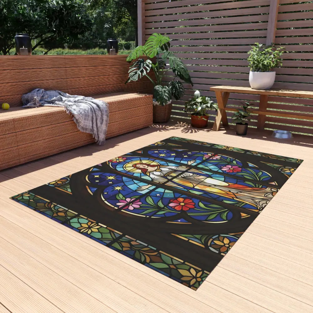 Stained-glass angel design on Outdoor Rug Divine Radiance by PixiOnyx Bohemian Patio