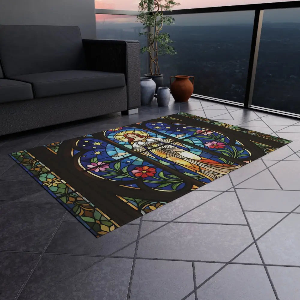 Stained glass angel design outdoor rug for Bohemian patio decor by PixiOnyx Divine Radiance