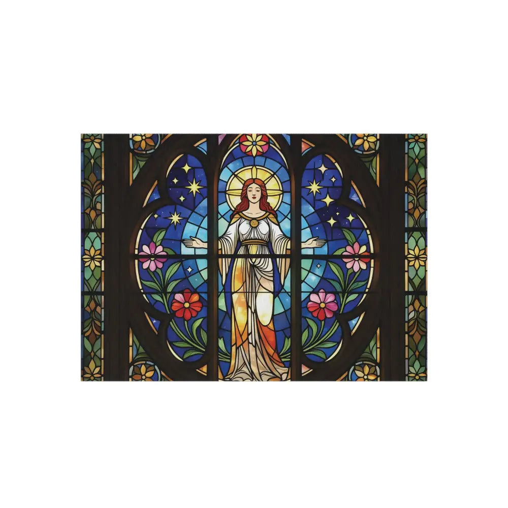 Stained glass window depicting a woman with outstretched arms on Outdoor Rug Divine Radiance