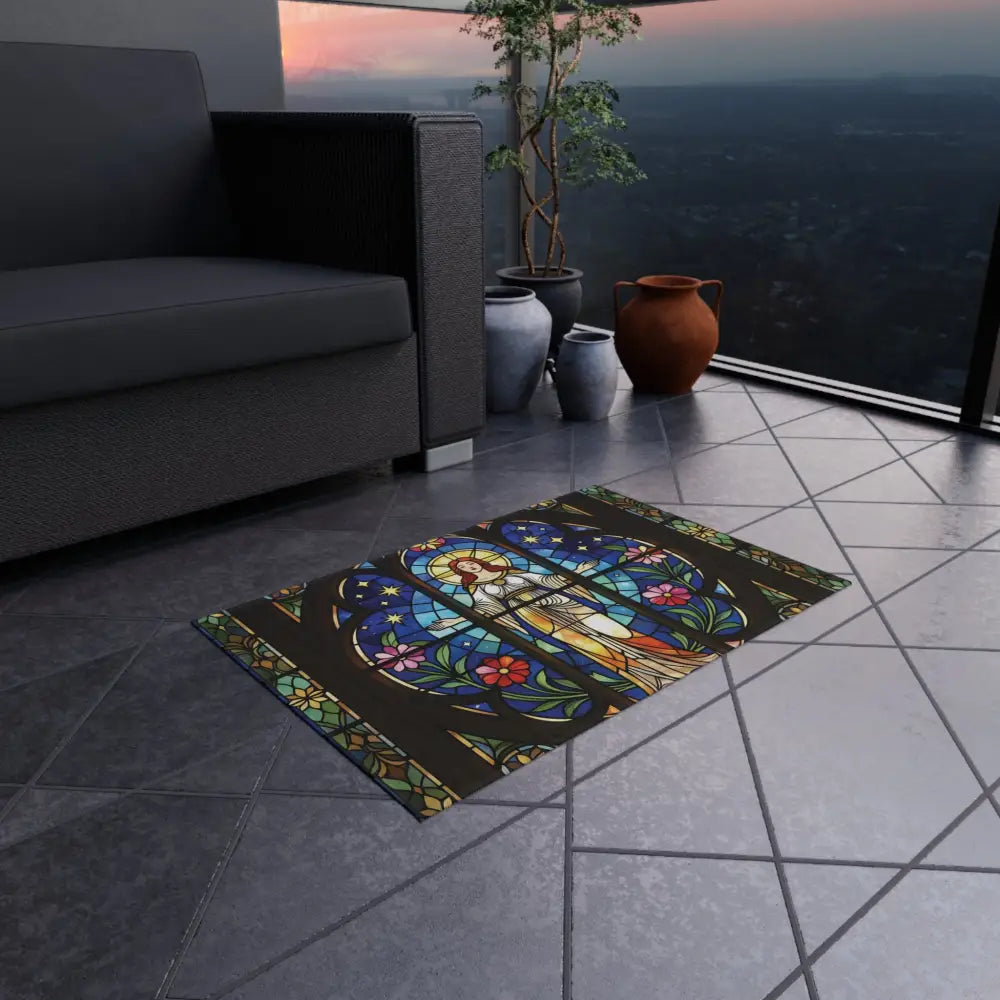 Stained-glass-inspired outdoor rug from Divine Radiance PixiOnyx Bohemian Patio Accent