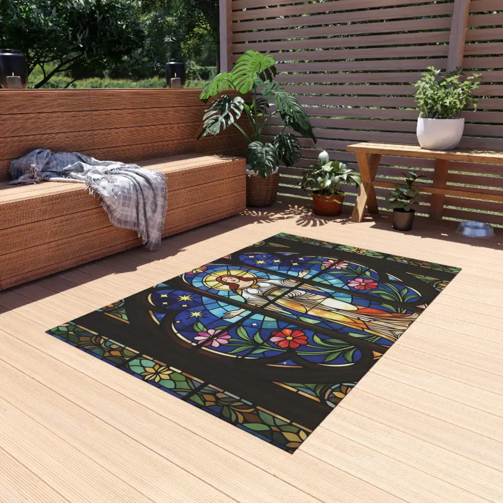 Stained glass angel design outdoor rug from Divine Radiance PixiOnyx Bohemian Patio Accent
