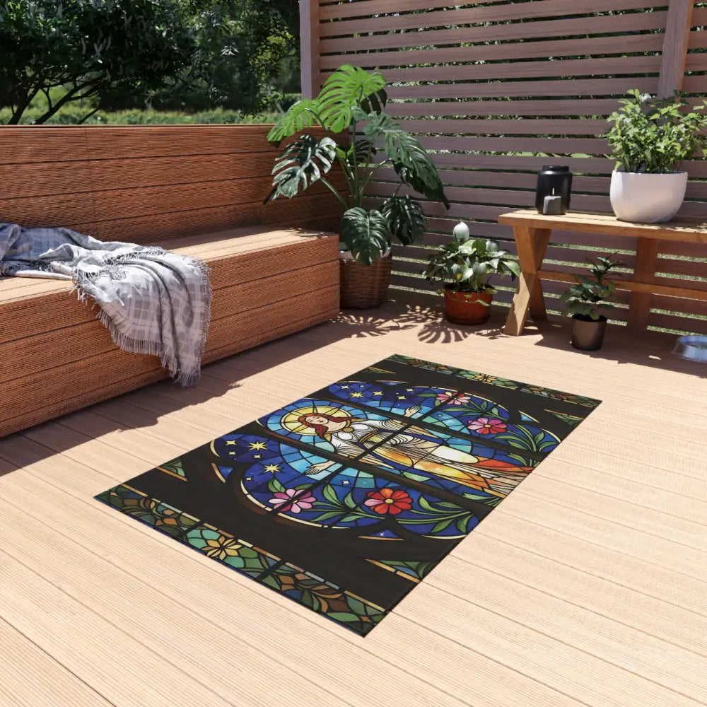 Stained glass angel rug from Outdoor Rug Divine Radiance PixiOnyx Bohemian Patio Accent