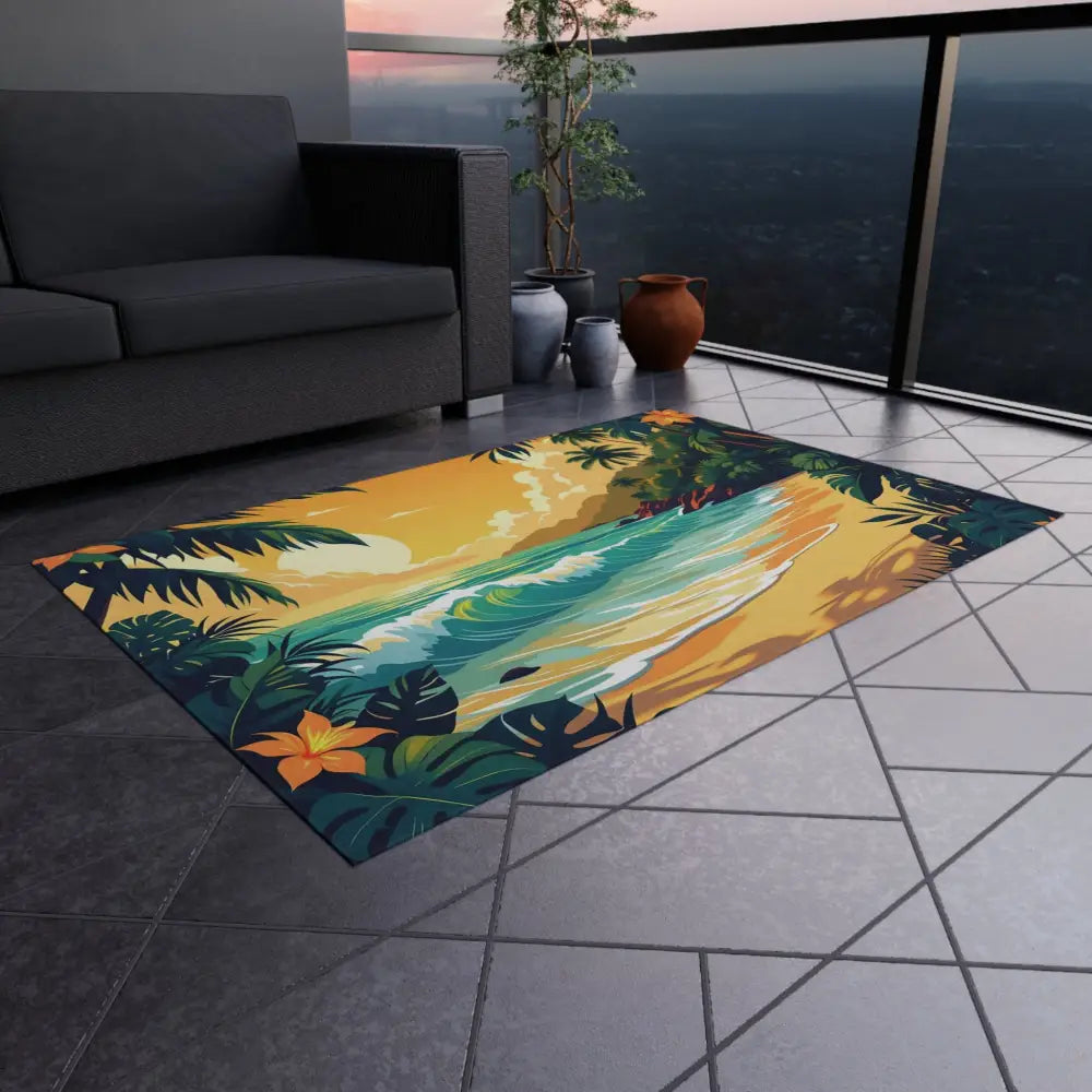 Tropical beach scene outdoor rug on PixiOnyx Island Escape patio setting