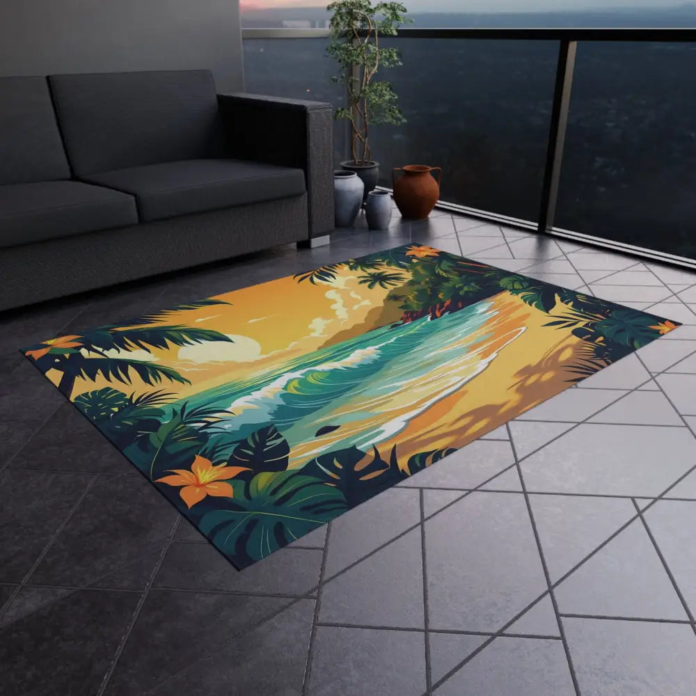 Tropical beach scene outdoor rug for island escape patio decor PixiOnyx