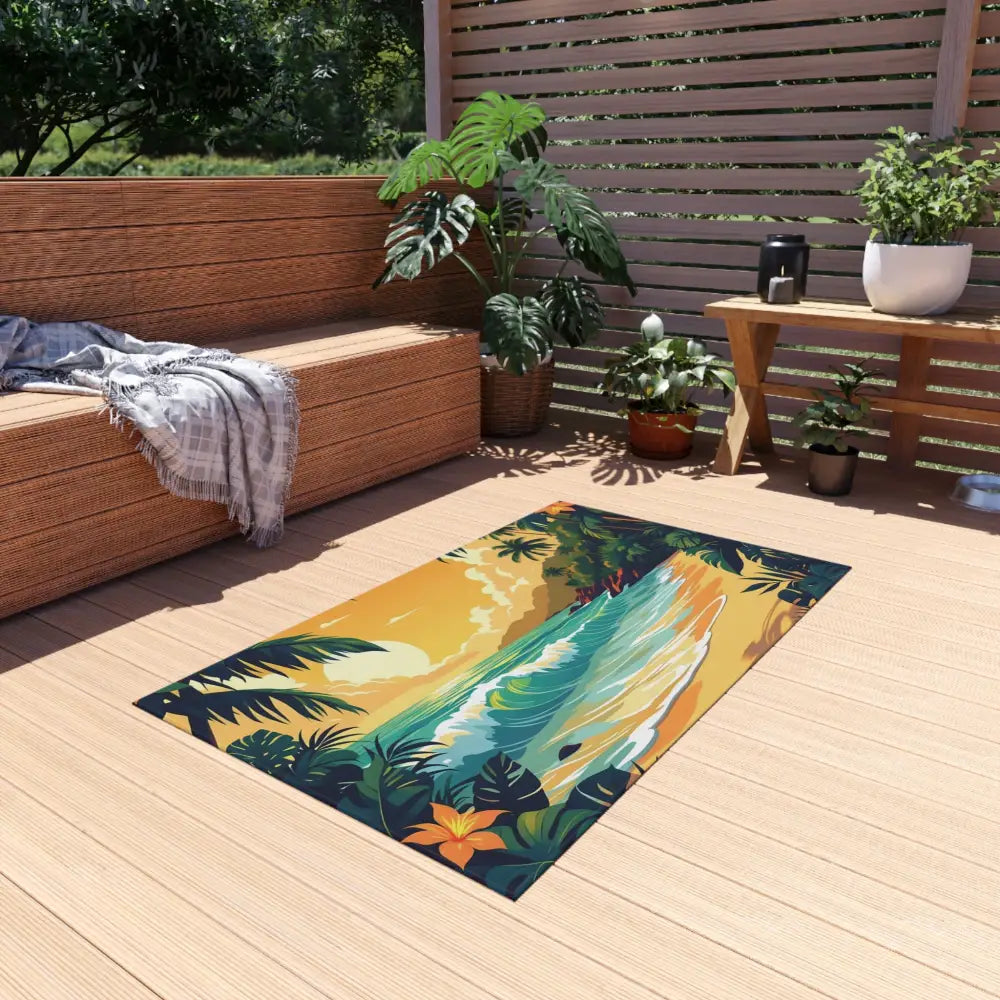 Outdoor Rug Tropical Beach scene, perfect for outdoor patio or beach-themed spaces
