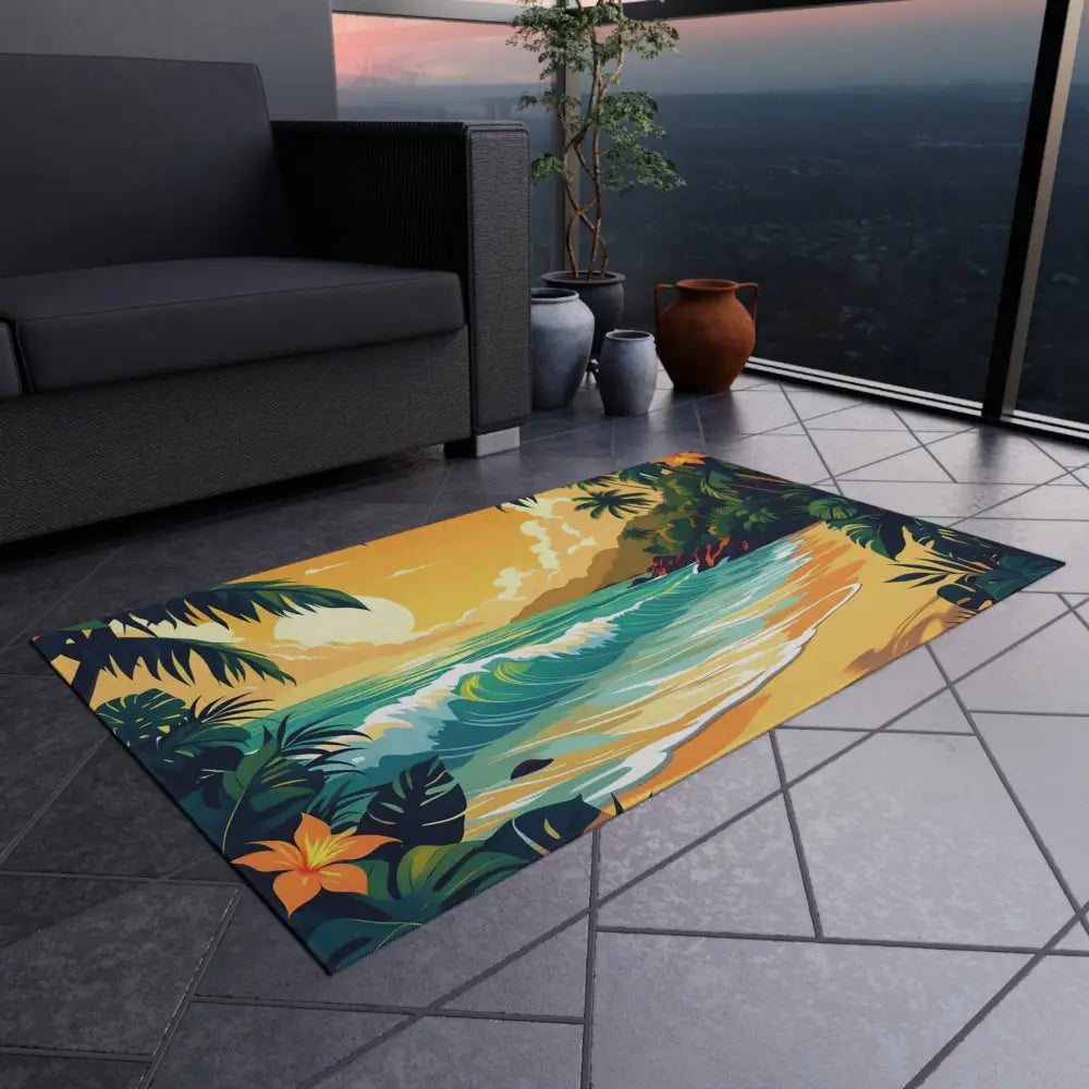 Tropical beach scene rug for outdoor patio, perfect for island escape decor