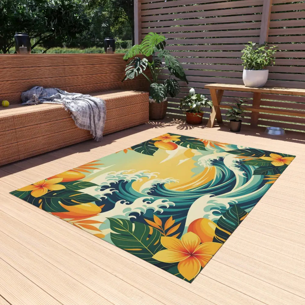 Tropical wave-patterned outdoor rug from PixiOnyx Coastal Floor Dreamscape collection