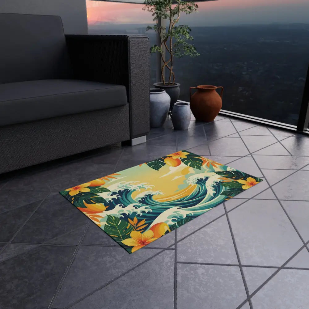 Tropical wave patterned outdoor rug from PixiOnyx Coastal Floor Dreamscape collection