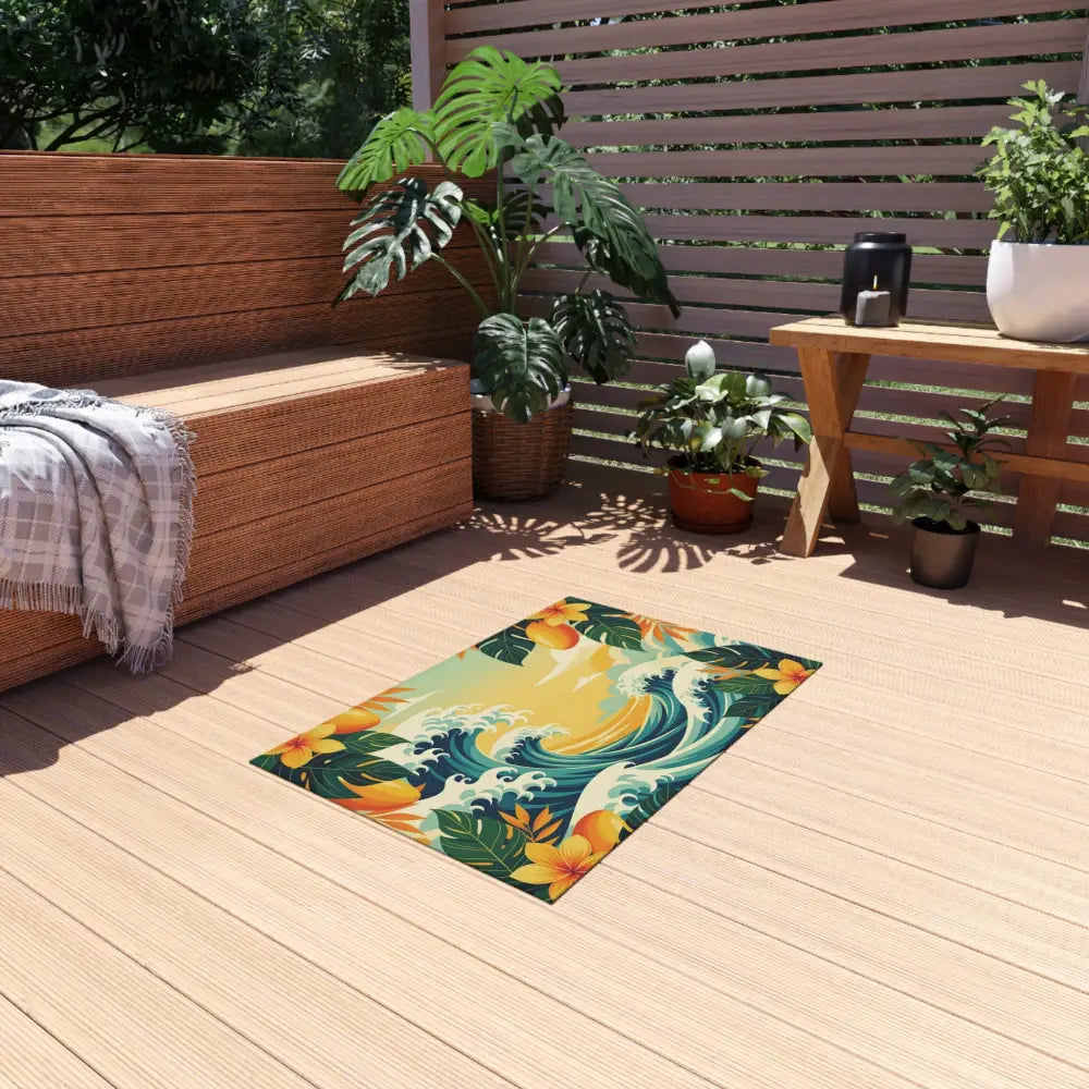 Tropical wave patterned outdoor rug from PixiOnyx Coastal Floor Dreamscape collection