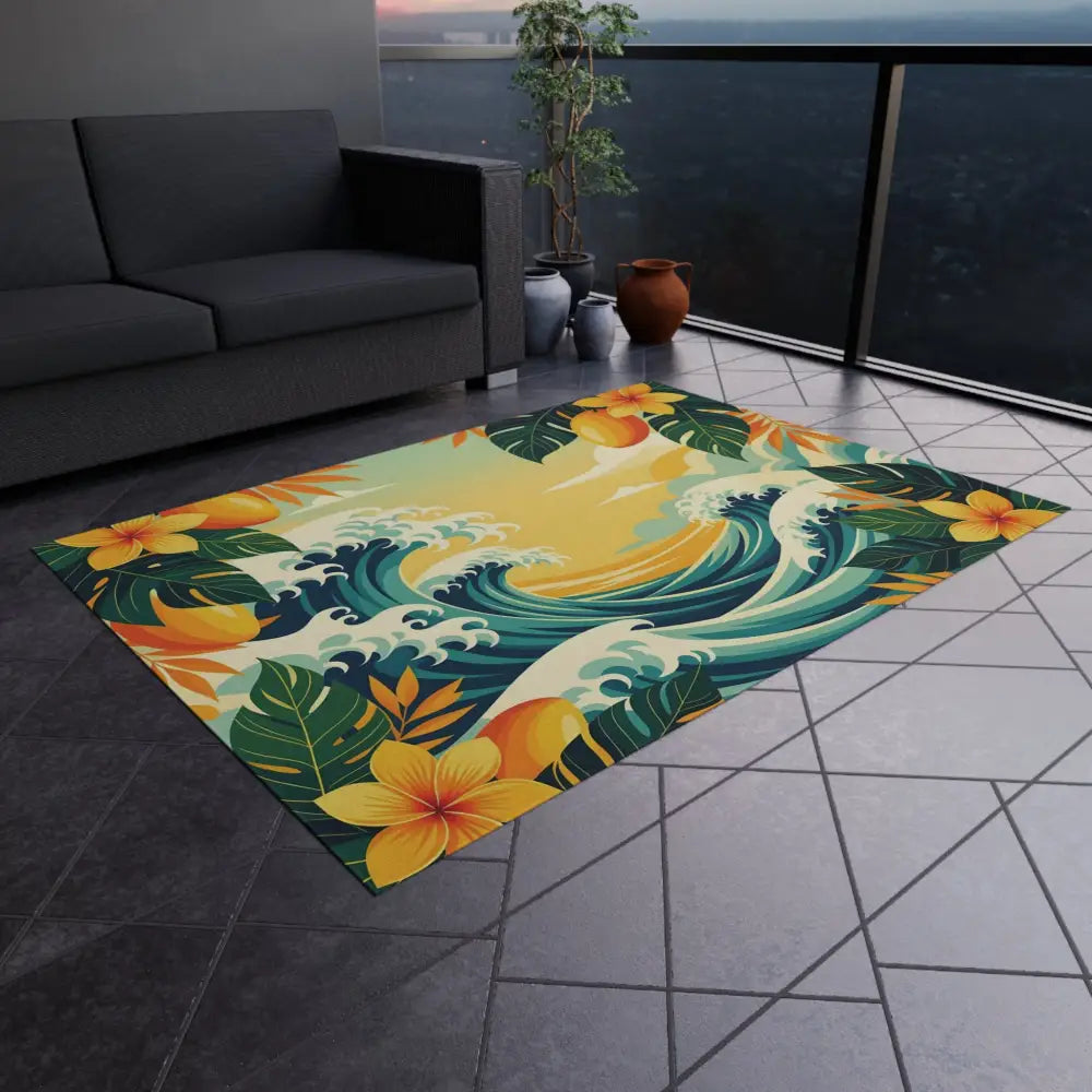 Tropical wave patterned outdoor rug displayed in PixiOnyx Coastal Floor Dreamscape collection