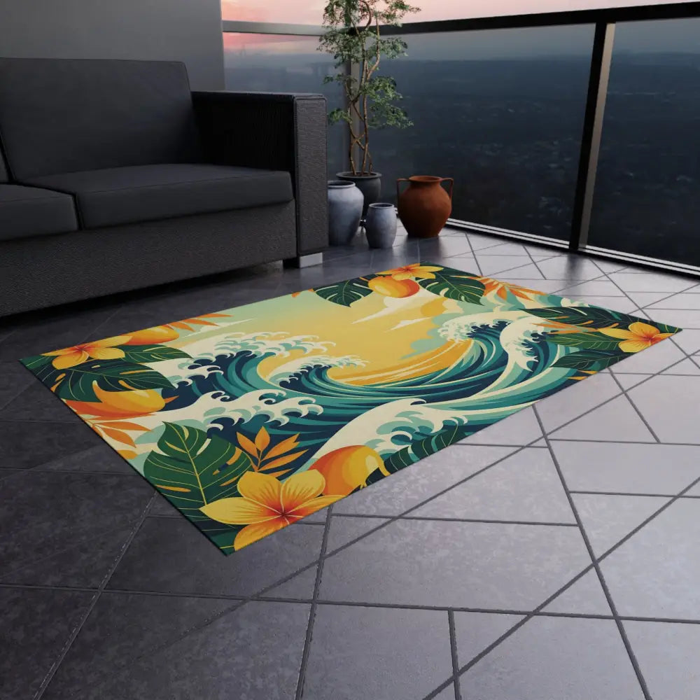 Tropical wave patterned outdoor rug from PixiOnyx Coastal Floor Dreamscape collection