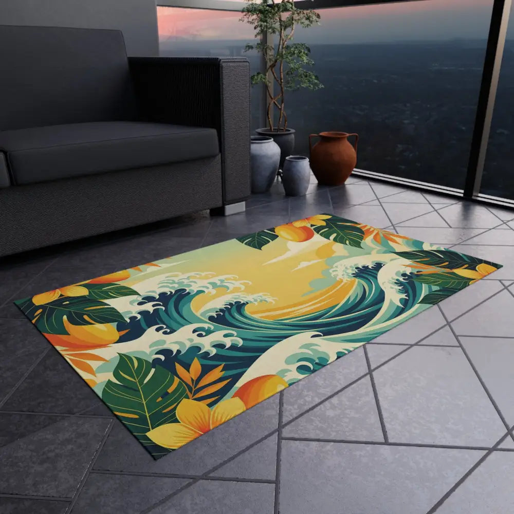 Tropical wave-patterned outdoor rug from PixiOnyx Coastal Floor Dreamscape collection